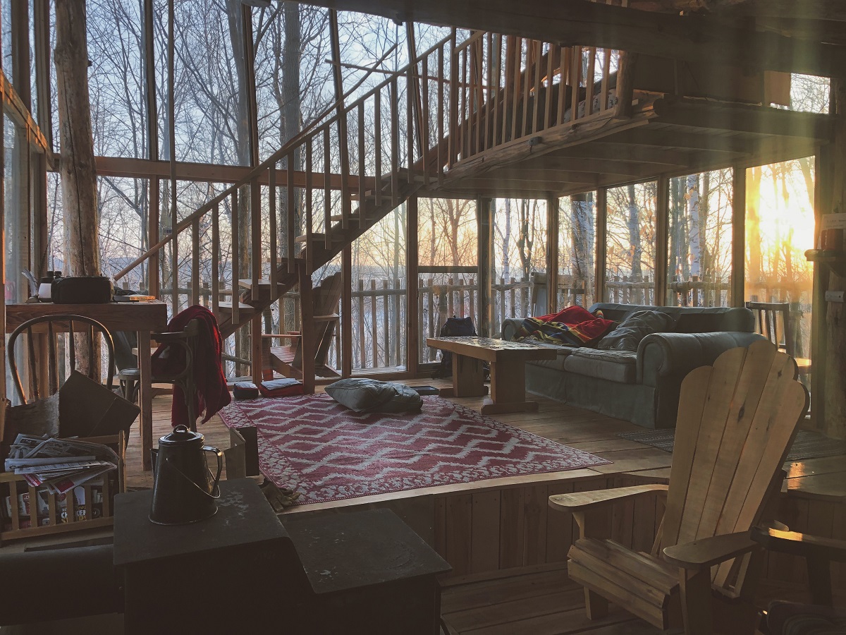 cabin interior - big windows, nature colors